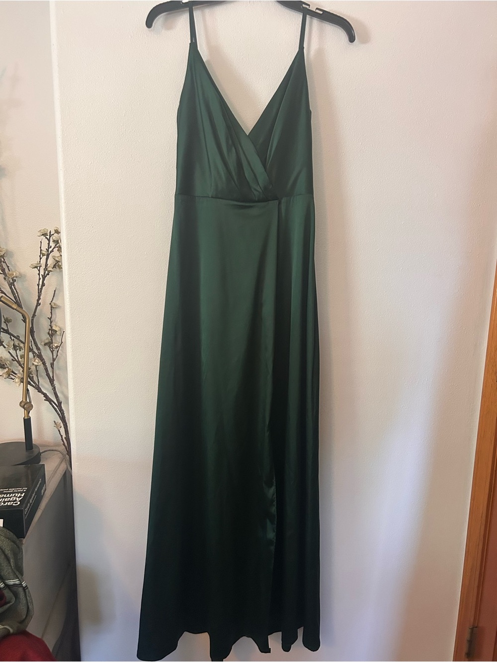Elegant Satin V-Neck Slip Dress in Deep Green